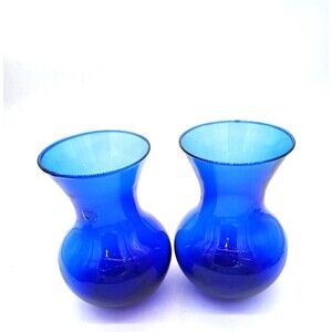 Set Of Two Cobalt Blue Hand Blown Mexican Art Glass 7" Vases